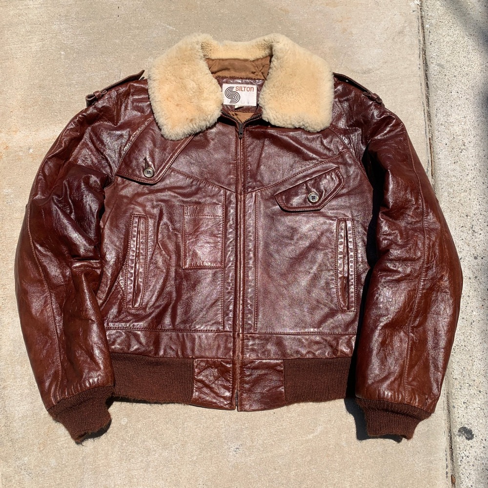 Vintage 1970s Silton brown leather flight jacket w/ sherpa collar - size 42 mens